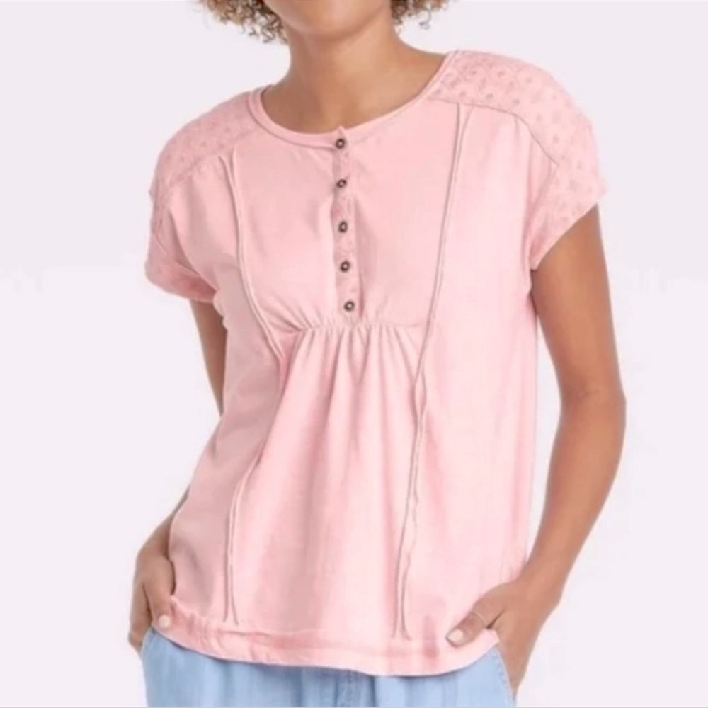 Knox Rose Blouse Light Pink Bohemian Short Sleeve Henley Embroidered Womens XXL - Picture 1 of 9